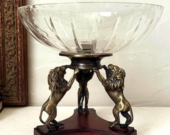 Vintage Grandiose Regal Three Brass and Bronze Lion Statue Centerpiece w/ Wooden Stand and Glass Compote Bowl