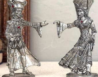 Vintage Pair of Small Fellowship Foundry King Arthur and Queen Guinevere Pewter Candlestick Holders