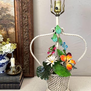Vintage Italian Tole Flowers Basket Lamp, Shabby Chic Ivory Wire Base