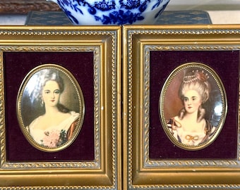 Vintage Victorian Cameo Portrait Prints, Gold Frames, Burgundy Velvet – Pair