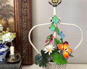 Vintage Italian Tole Flowers Basket Lamp, Shabby Chic Ivory Wire Base