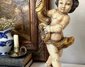 Vintage GG Lang Germany Wooden Cherub Candle Holder - Shabby Chic Putti Statue