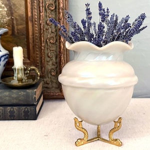 Vintage Victorian Champagne Opalescent Ruffled Floating Vase w/ Brass Serpent Fish Stand