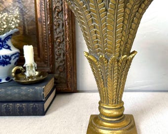 Vintage Decorative Gold Gilt Pedestal Wheat Palm Leaf Design Urn Vase