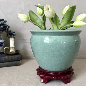 Beautiful Vintage Chinese Grand Millenial Celadon Planter w/ Decorative Wooden Stand