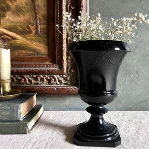 Vintage Decorative French Bow and Floral Design Black Glass Pedestal Urn Vase