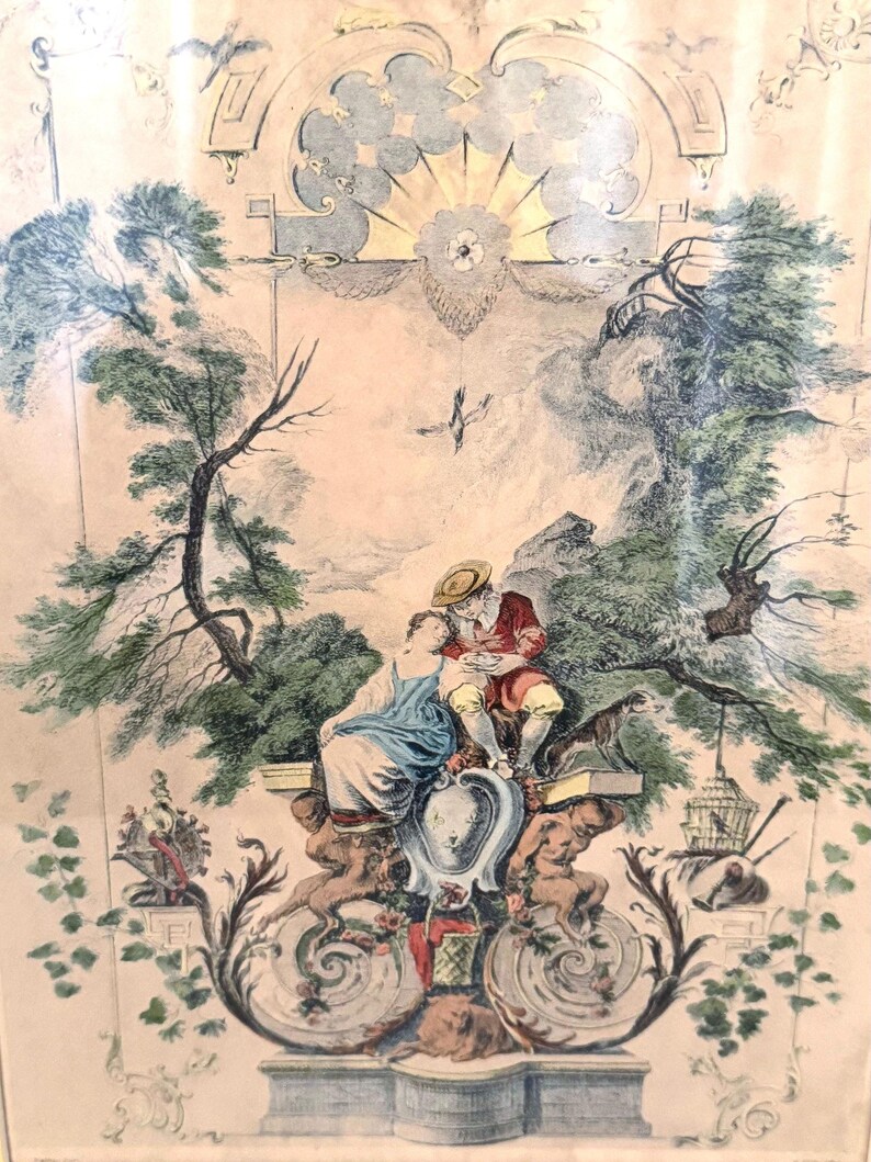 Vintage French Rococo Courting Couple Lithograph, Watteau Style, Gold ...