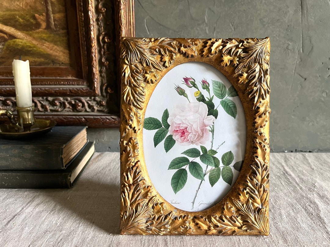 Beautiful Vintage Gold Leaf Ornate Picture Frame W/ Floral Print Etsy