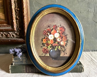 Vintage Gold & Blue Florentine Oval Frame w/ Floral Print