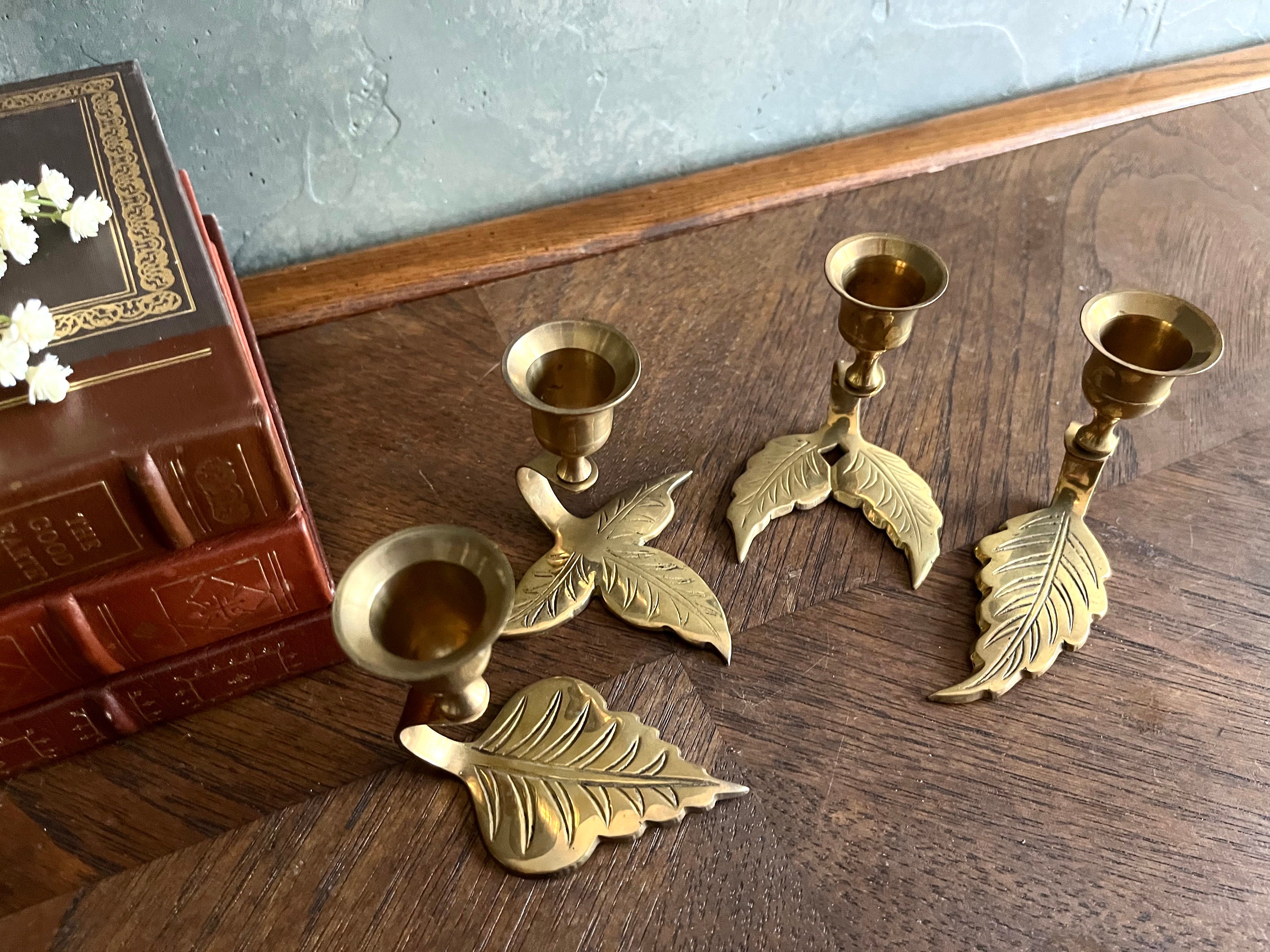 Fun Vintage Set of 4 Various Brass Leaf Candlestick Holders 