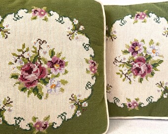 Vintage Pair of Shabby Chic Cream and Green Floral Design Needlepoint Throw Pillow