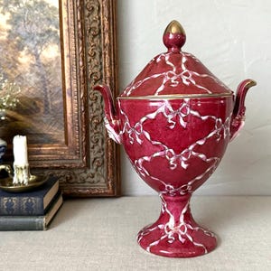 Vintage Ornate Porcelain Pedestal Urn, Red Pink Gold Bow Cherub Decor image 1