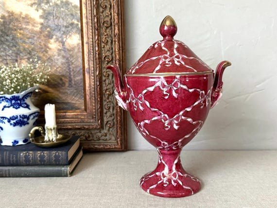 Vintage Ornate Porcelain Pedestal Urn, Red Pink Gold Bow Cherub Decor