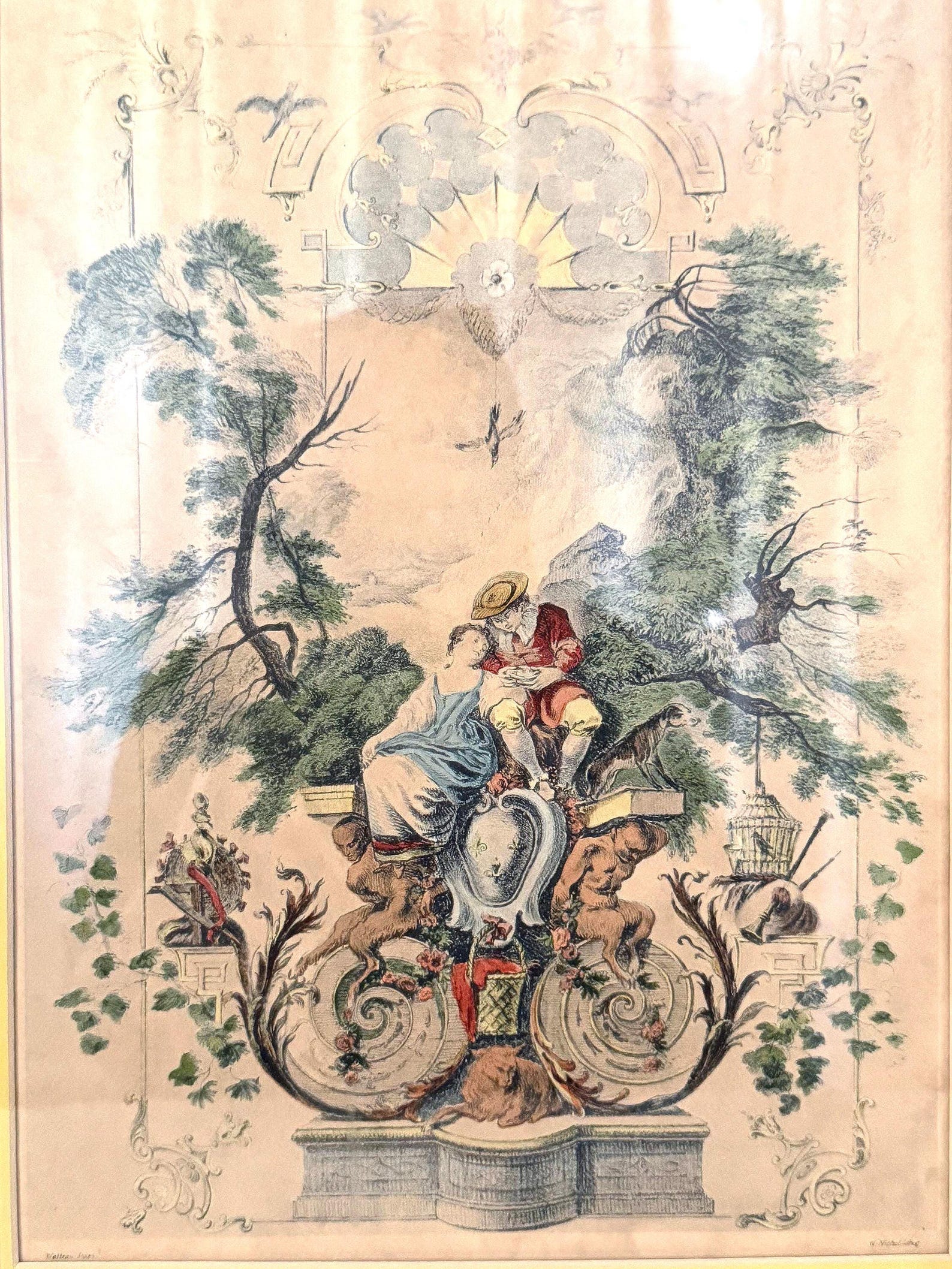 Vintage French Rococo Courting Couple Lithograph, Watteau Style, Gold ...