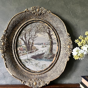 Beautiful Large Vintage Winter Wonderland Needlepoint Wall Hanging in an Ornate Gold Oval Frame