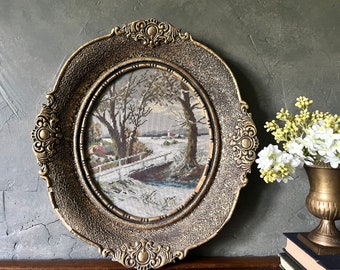 Beautiful Large Vintage Winter Wonderland Needlepoint Wall Hanging in an Ornate Gold Oval Frame
