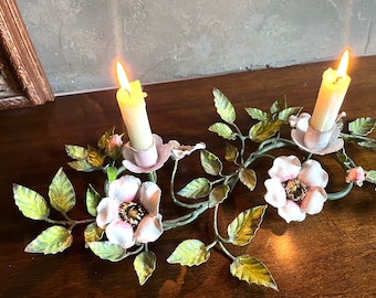 Beautiful Large Vintage Shabby Chic White and Pink Floral Italian Toleware Candelabra
