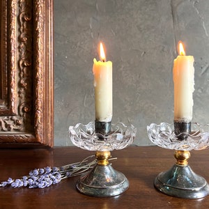 Beautiful Vintage Pair of Silver Plate & Gold  Candlestick Holders w/ Decorative Cut Glass Design