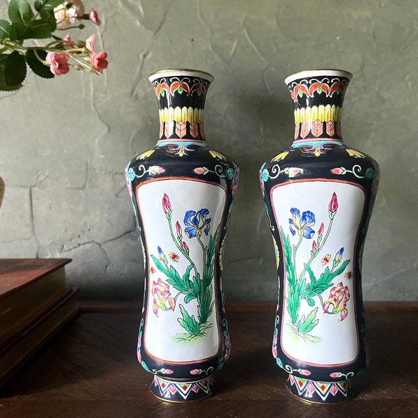 Beautiful Pair of Mirrored Black and Pastel Floral Cloisonné Vases Vintage Decor