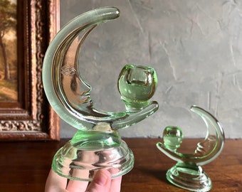 Beautiful Vintage Pair of Bright Green Moon Shaped Glass Candlestick Holders