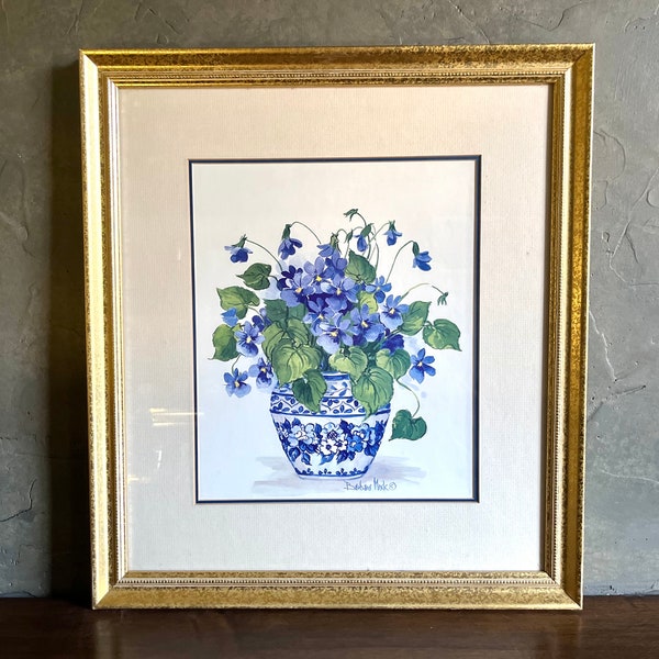 Beautiful Large 19x17 Vintage Barbara Mock Blue Violet Floral Print in Decorative Gold Frame