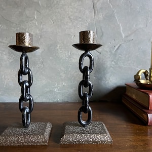 Fun Vintage Pair of Brutalist Black Metal and Brass Cable Link Candle Holders