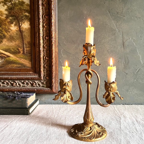 Beautiful Vintage Art Nouveau Style Gold Metal Iris Flower Candelabra