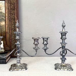 Beautiful Vintage Pair of Ornate Victorian Design Silver plate 3 Arm Candelabras w/ Flame Like Snuffers