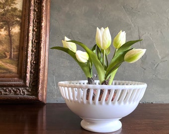 Beautiful Vintage Decorative Reticulated Milk Glass Bowl