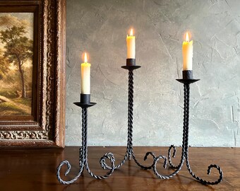 Vintage Set of 3 Spanish Gothic Style Wrought Iron Twisty Decorative Legs Candlestick Holders