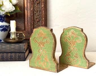 Vintage Italian Florentine Green and Gold Spiral Design Composite Wood Bookends