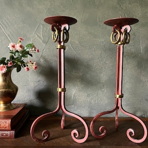 Vintage Tall Red Swirl Design & Brass Rings Wrought Iron Pillar Candle Holder