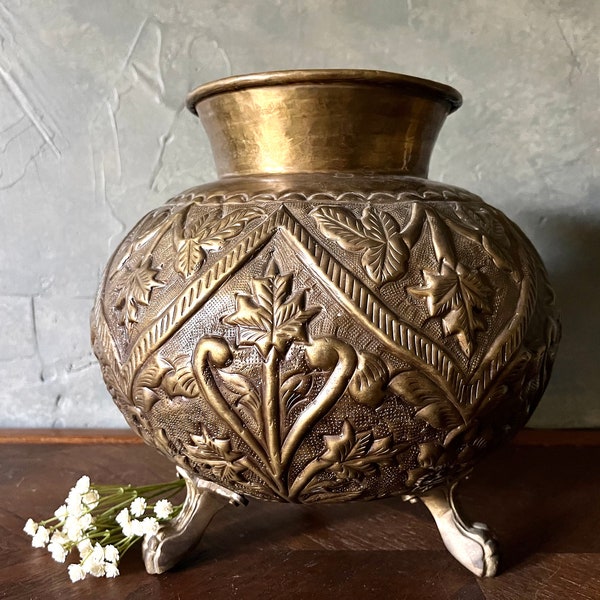 Large Vintage Floral and Leaf Etched Pedestal Vase w/ Decorative Claw Feet