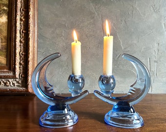 Beautiful Vintage Pair of Bright Blue Moon Shaped Glass Candlestick Holders