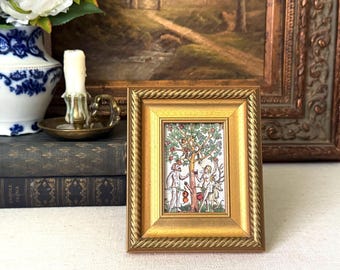 Vintage Small Ornate Gold Gilt Wooden Picture Frame w/ Adam and Eve Picture