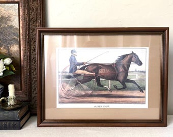 Vintage Curier & Ives 19th Century Equestrian "Arion" Trotting Champion Stallion Horse w/ Sulky Lithograph in Gold and Wood Frame