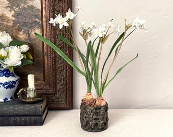 Vintage Decorative Victorian Brass Putti Cherub Design Cylinder Votive Dish w/ Ivory Narcissus Paperwhite Floral Bulb Arrangement