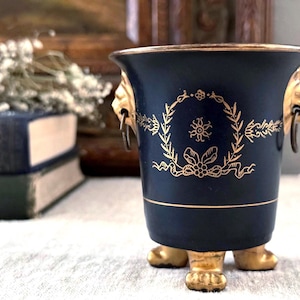 Adorable Vintage Small Black and Gold Lenwile Ardalt Lion Handle Laurel Wreath Ceramic Cachepot Urn/ Toothpick Holder