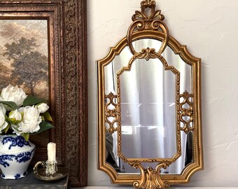 Vintage Italian Florentine Gold Gilt Baroque Crest and Scroll Filigree Design w/ Cut Overlay Style Wall Mirror