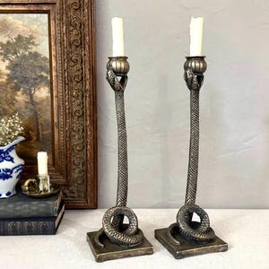 Vintage Brass Snake Candlestick Holders, Gothic Victorian Style, Pair