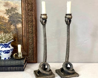 Vintage 16" Tall Brass Snake Candlestick Holders, Gothic Victorian Style, Pair