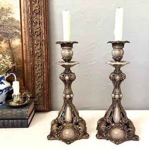 Stunning Vintage Castilian Ornate Victorian Gothic Large Bronze and Beige Porcelain Design Candlestick Holders