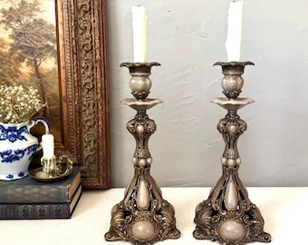 Stunning Vintage Castilian Ornate Victorian Gothic Large Bronze and Beige Porcelain Design Candlestick Holders