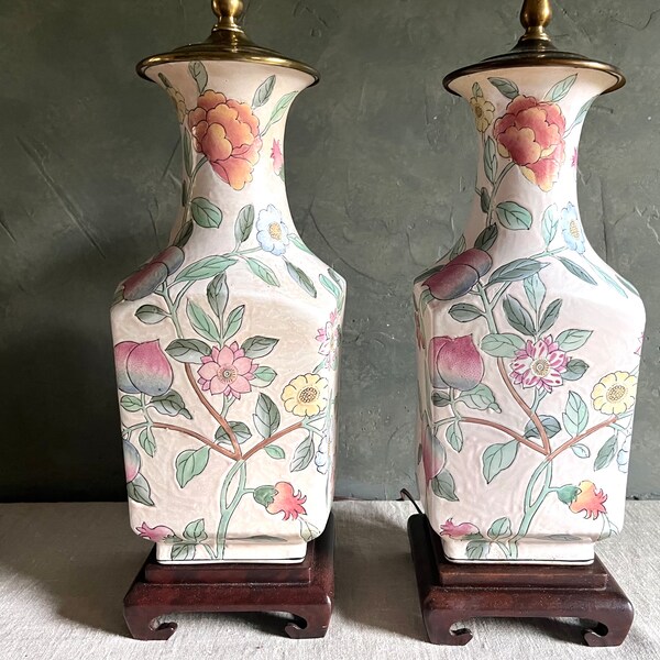 Beautiful Vintage Pair of Grand Millennial Floral and Peach of Longevity Table Lamps