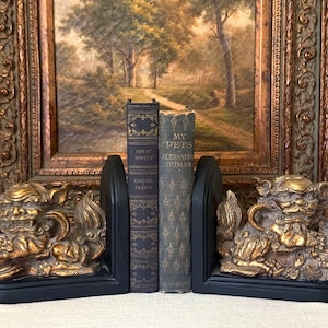 May include: A pair of black bookends featuring gold-toned foo dog sculptures. The bookends support two vintage hardcover books, one titled Great Novels by Anatole France and the other titled My Pets by Alexandre Dumas, with ornate gold detailing.