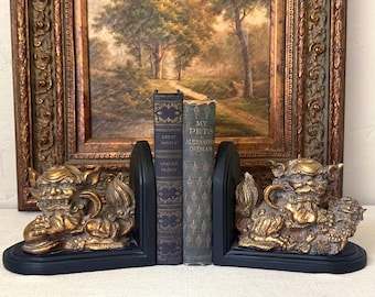 Beautiful Pair of Heavy Chinese Dynasty Gold Gilt Resin Guardian Foo Dog Bookends