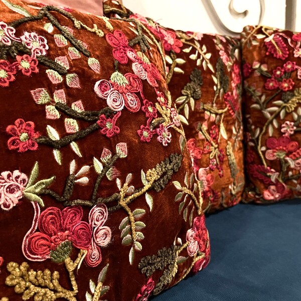 Gorgeous Vintage Bohemian Style Velvet Hand Embroidered Floral Decorative Pillow