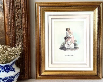 Vintage Gold Victorian Little Girl and Bird Design "Sorrow" Lithograph in a Gold Raised Design Frame