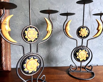 Fun Vintage Hand Painted Folk Art Style Sun and Moon Wrought Iron Pillar Candle Holders