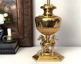 Vintage Chapman Brass Equestrian Tripple Horse Bust Design Urn Table Lamp w/ Horse Finial - No Shade